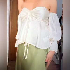 Off Shoulder Flounce Sleeve Ruched Knot Peplum Top